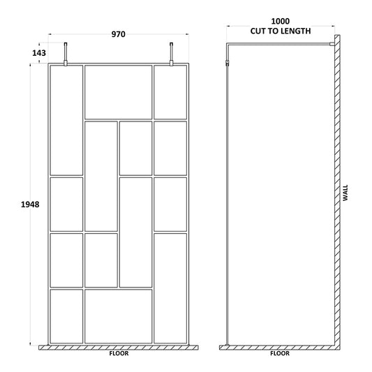 Nuie Abstract Frame Wetroom Screen with Support Bars (Matt Black, 4 sizes) - Brandnew Bathroom
