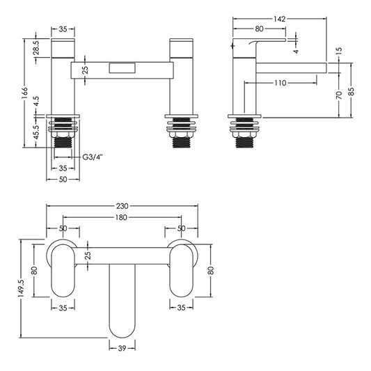 Nuie Binsey Deck Mounted Bath Filler ( Brushed Bronze, 2 sizes) - Brand New Bathrooms