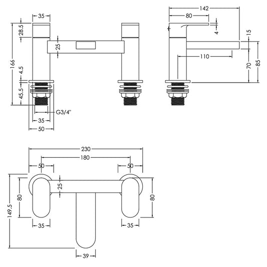 Nuie Binsey Deck Mounted Bath Filler (Chrome, 2 sizes) - Brandnew Bathroom