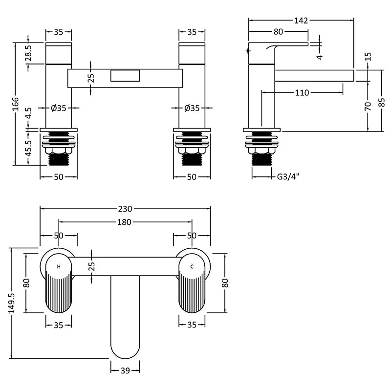 Nuie Binsey Deck Mounted Bath Filler ( Brushed Pewter, 2 sizes) - Brandnew Bathroom