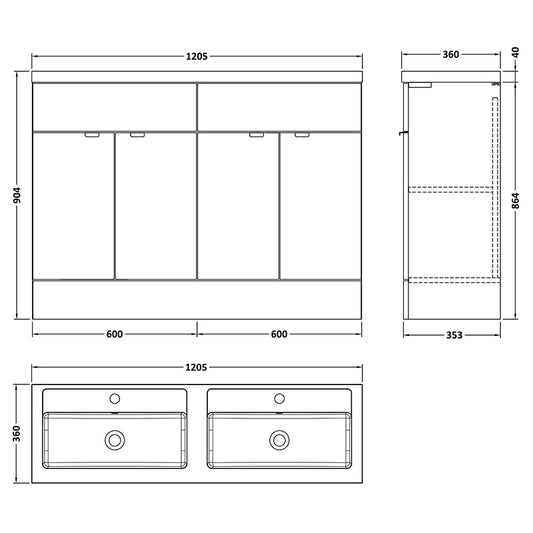Hudson Reed Fusion Floor Standing Four Door 1200mm Vanity & Double Polymarble Basin (1 size, Bleached Oak) - Brand New Bathrooms