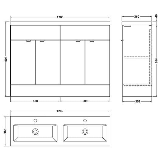 Hudson Reed Fusion Floor Standing Four Door 1200mm Vanity & Double Ceramic Basin (1 size, Bleached Oak) - Brand New Bathrooms