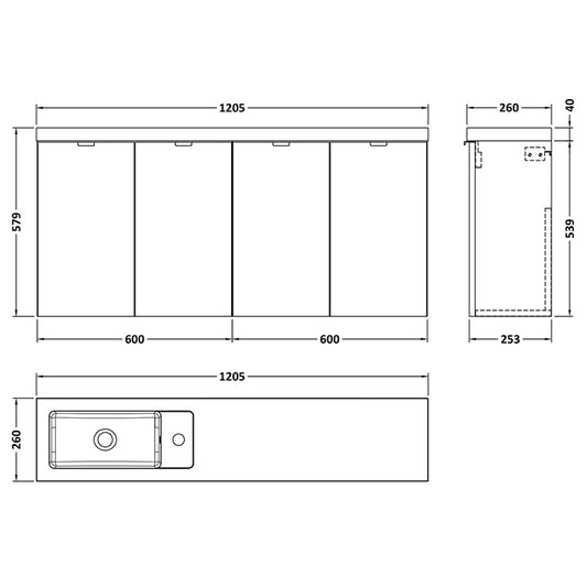Hudson Reed Fusion Wall Hung Four Door 1200mm Vanity & Slimline Basin (1 size, Bleached Oak) - Brand New Bathrooms