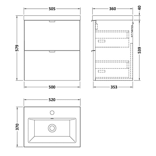 Hudson Reed Fusion Double Drawer 500mm Wall Hung Unit & Ceramic Basin (1 size, Bleached Oak) - Brand New Bathrooms