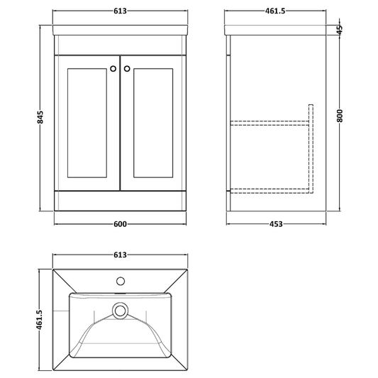 Nuie Classique 600mm Floor Standing 2-Door Vanity with Basin - 1 Tap Hole (1 size, Satin White) - Brand New Bathrooms