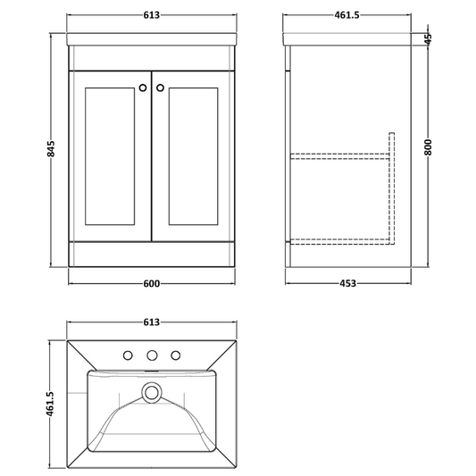 Nuie Classique 600mm Floor Standing 2-Door Vanity with Basin - 3 Tap Hole (1 size, Satin White) - Brand New Bathrooms