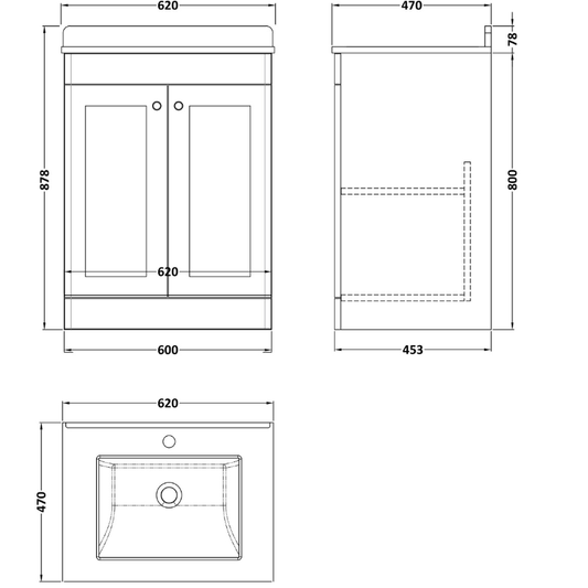 Nuie Classique Floor Standing 2 Door Unit & 1 Tap Hole Marble Top with Square Basin (1 size, Satin White) - Brand New Bathrooms