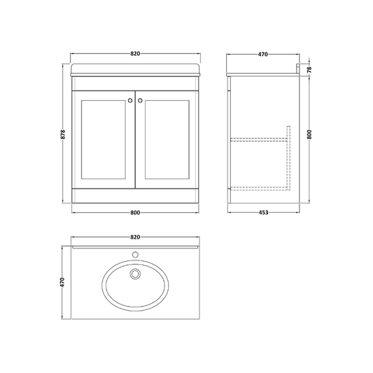 Nuie Classique 800mm Floor Standing 2 Door Unit & 1 Tap Hole Marble Top with Oval Basin (1 size, Satin White) - Brand New Bathrooms