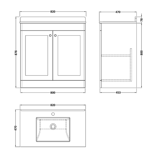 Nuie Classique 800mm Floor Standing 2 Door Unit & 1 Tap Hole Marble Top with Square Basin (1 size, Satin White) - Brand New Bathrooms