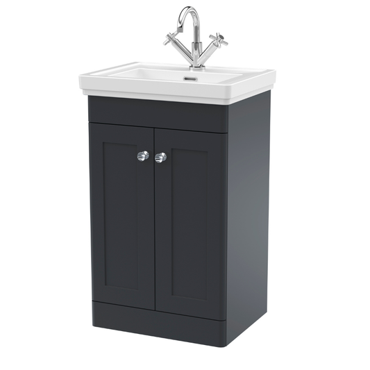 Nuie Classique 500mm Floor Standing 2 Door Vanity Basin Unit & 1 Tap Hole Fireclay Basin (1 size, Soft Black) - Brand New Bathrooms