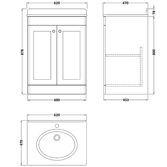 Nuie Classique 600mm Floor Standing Vanity Unit With Marble Top & Basin (1 size, Soft Black) - Brand New Bathrooms