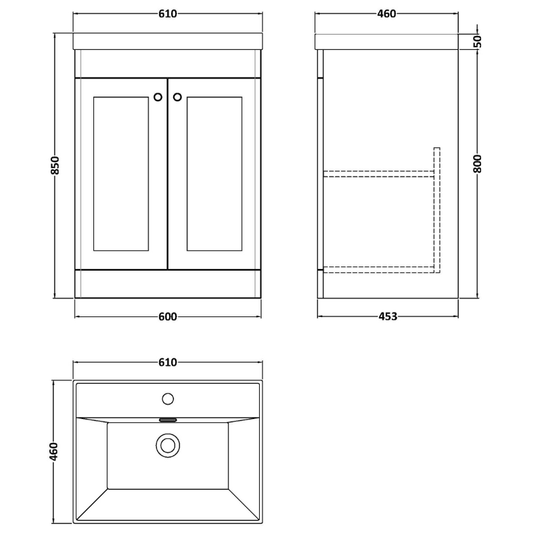 Nuie Classique 600mm Floor Standing 2-Door Vanity Unit with Basin with Chrome Handles (1 size, Soft Black) - Brand New Bathrooms