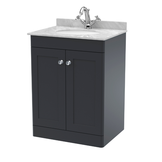 Nuie Classique 600mm Floor Standing 2 Door Unit & 1 Tap Hole Marble Top with Oval Basin (1 size, Soft Black) - Brand New Bathrooms