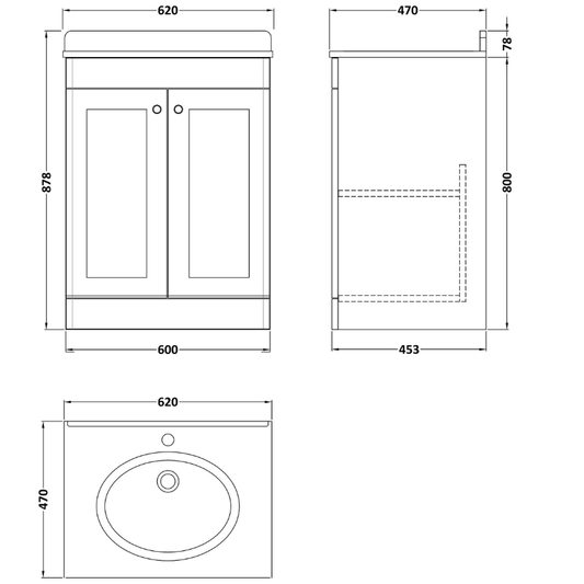 Nuie Classique 600mm Floor Standing 2 Door Unit & 1 Tap Hole Marble Top with Oval Basin (1 size, Soft Black) - Brand New Bathrooms