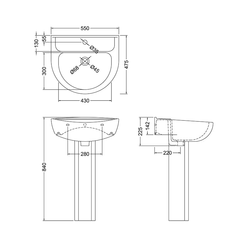 Nuie Melbourne 1 Tap Hole Basin & Pedestal (1 size, White) - Brand New Bathrooms