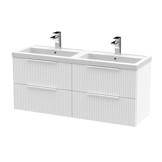 Hudson Reed Fluted Wall Hung Four Drawer 1200mm Vanity and Double Polymarble Basin (1 size, 5 colours) - Brand New Bathrooms