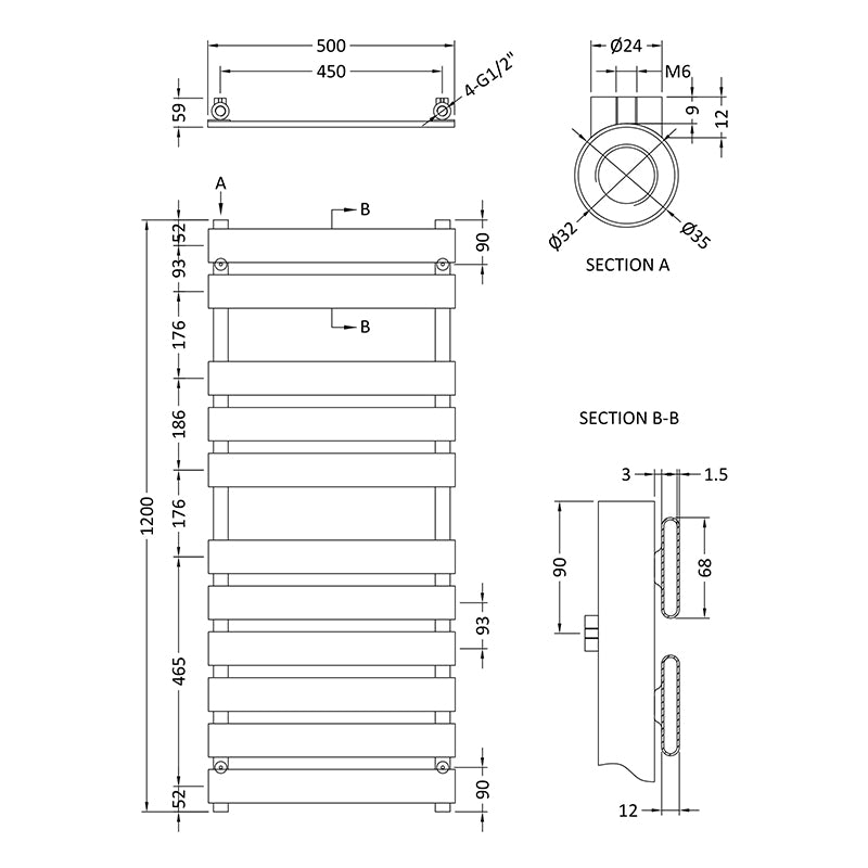 Nuie Piazza Heated Towel Rail (2 sizes, Chrome) - Brand New Bathrooms