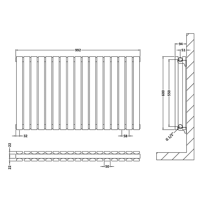 Nuie Horizontal Sloane Panel Radiator 600 x 992mm (2 types, Anthracite) - Brand New Bathrooms
