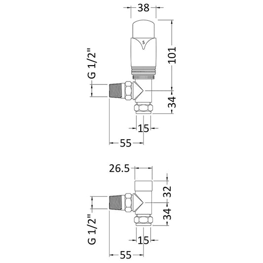 Nuie Radiator Valves Angled Thermostatic Radiator Valve Pack (1 size, Chrome) - Brand New Bathrooms