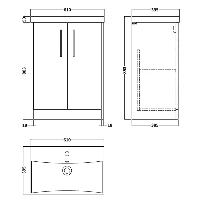 Hudson Reed Juno Floor Standing Double Door 600mm Vanity & Thin-Edge 1 Tap Hole Basin (1 size, 3 colours) - Brand New Bathrooms