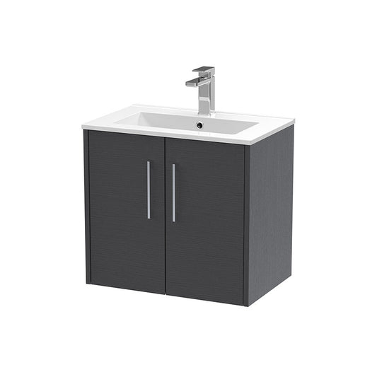 Hudson Reed Juno Wall Hung Double Door 600mm Vanity & Minimalist 1 Tap Hole Vitreous China Basin (1 size, 5 colours) - Brand New Bathrooms