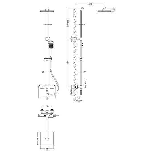 Nuie Shower Kits Square Thermostatic Bar Valve & Shower Kit (1 size, Brushed Pewter) - Brand New Bathrooms