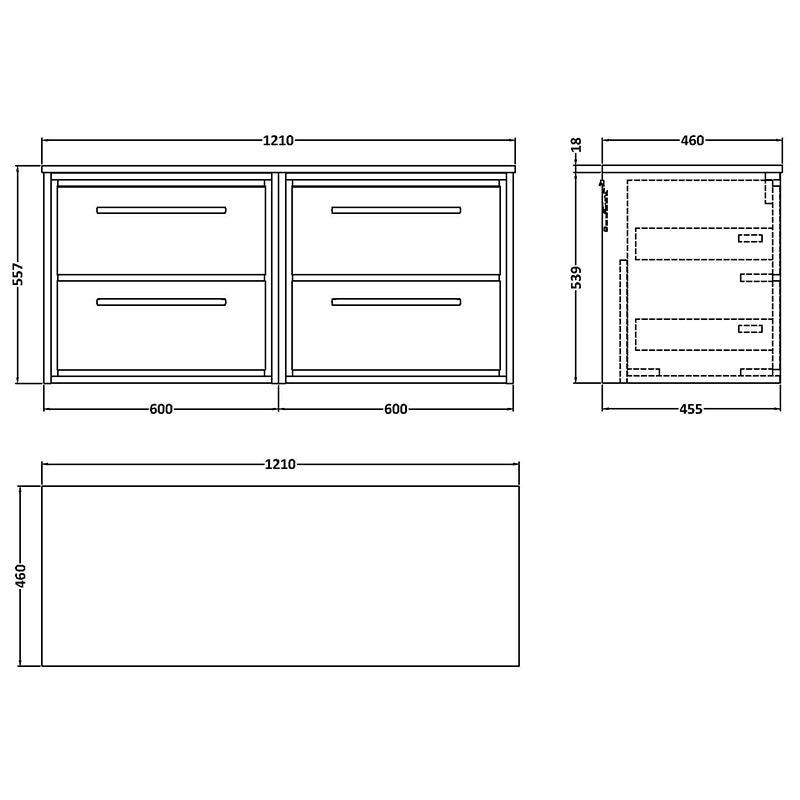 Hudson Reed Lille Wall Hung Four Drawer 1200mm Vanity with Marble Worktop (1 size, 3 colours) - Brand New Bathrooms