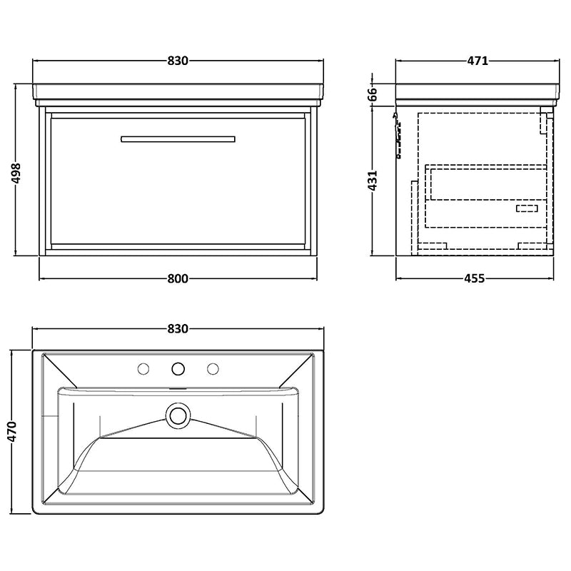 Hudson Reed Lille Wall Hung Single Drawer 800mm Vanity with 3 tap hole Fireclay Basin (1 size, 3 colours) - Brand New Bathrooms