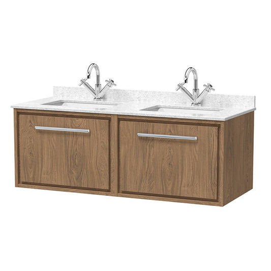Hudson Reed Lille Wall Hung Single Drawer 1200mm Vanity with Marble Worktop & Double 1 tap hole Underslung Basins (1 size, 3 colours) - Brand New Bathrooms