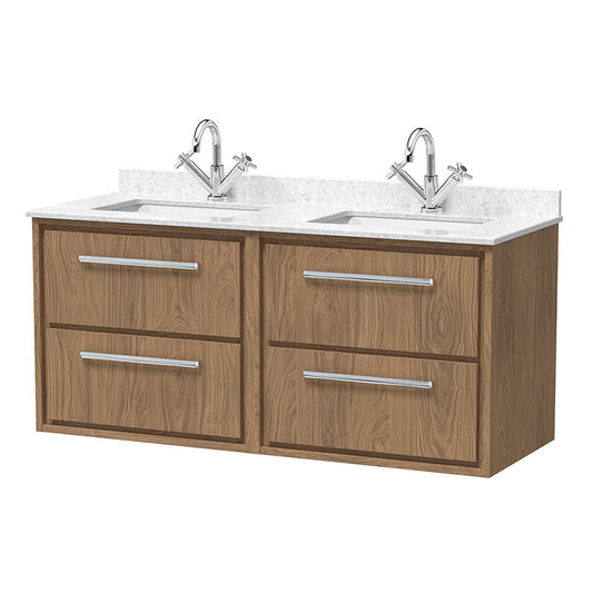 Hudson Reed Lille Wall Hung Four Drawer 1200mm Vanity with Marble Worktop & Double Underslung 1 tap hole Basins (1 size, 3 colours) - Brand New Bathrooms