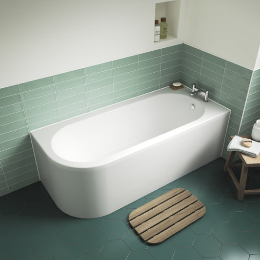 Nuie Crescent Back to Wall Corner Bath (2 styles, White) - Brand New Bathrooms