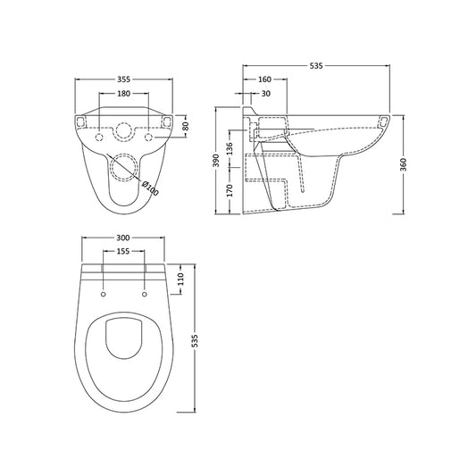 Nuie Melbourne Wall Hung Toilet Pan (1 size, White) - Brand New Bathrooms
