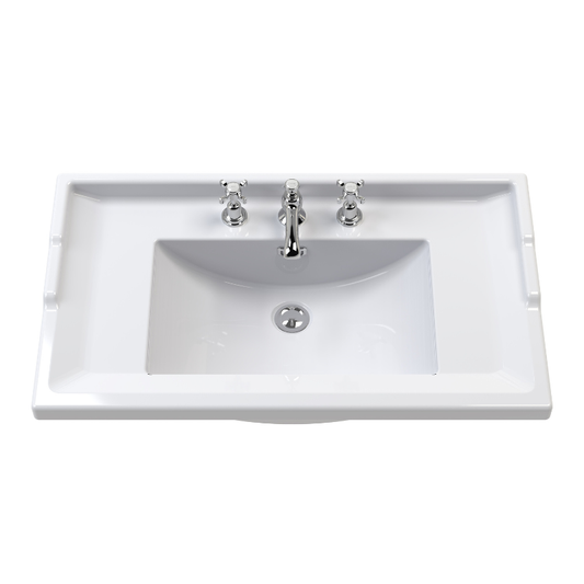 Nuie Classique Floor Standing 2 Door Unit & 3 Tap Hole Fireclay Basin (1 size, Satin White) - Brand New Bathrooms