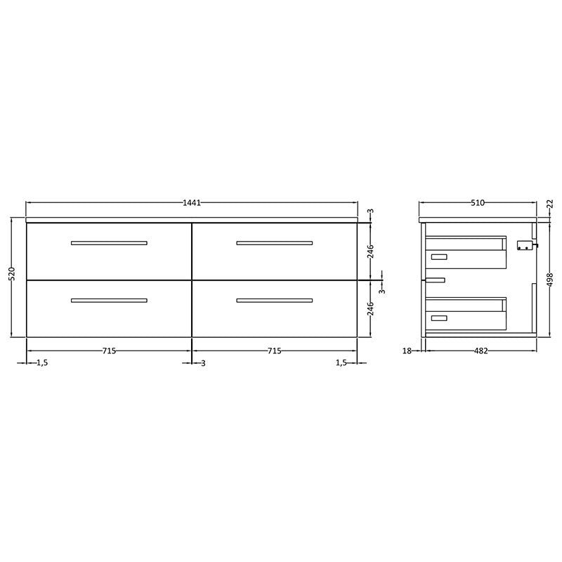 Hudson Reed Quartet Wall Hung Four Drawer 1440mm Double Cabinet with Sparkling White Worktop (1 size, 3 colours) - Brand New Bathrooms