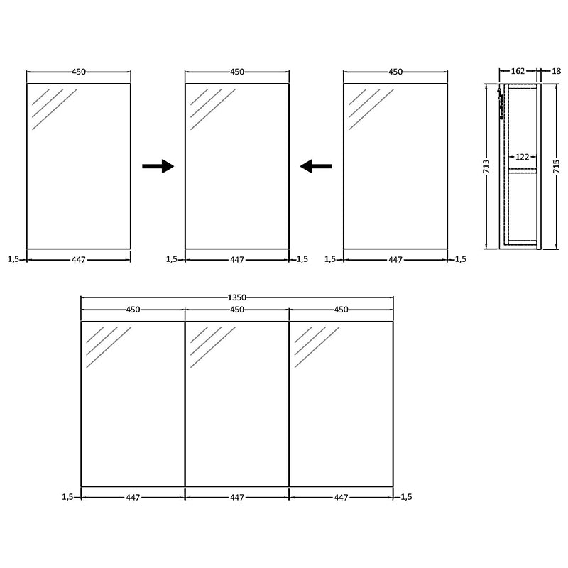 Hudson Reed Quartet Wall Hung Triple Door 1350mm Mirror Cabinet (1 size, 3 colours) - Brand New Bathrooms