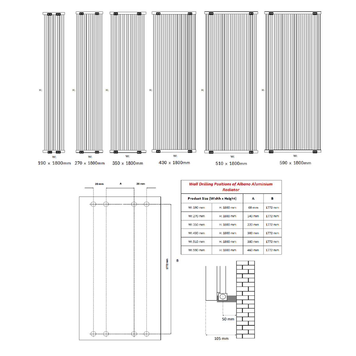 Reina Albano Vertical Aluminium Radiator (6 sizes, 4 colours) - Brand New Bathrooms