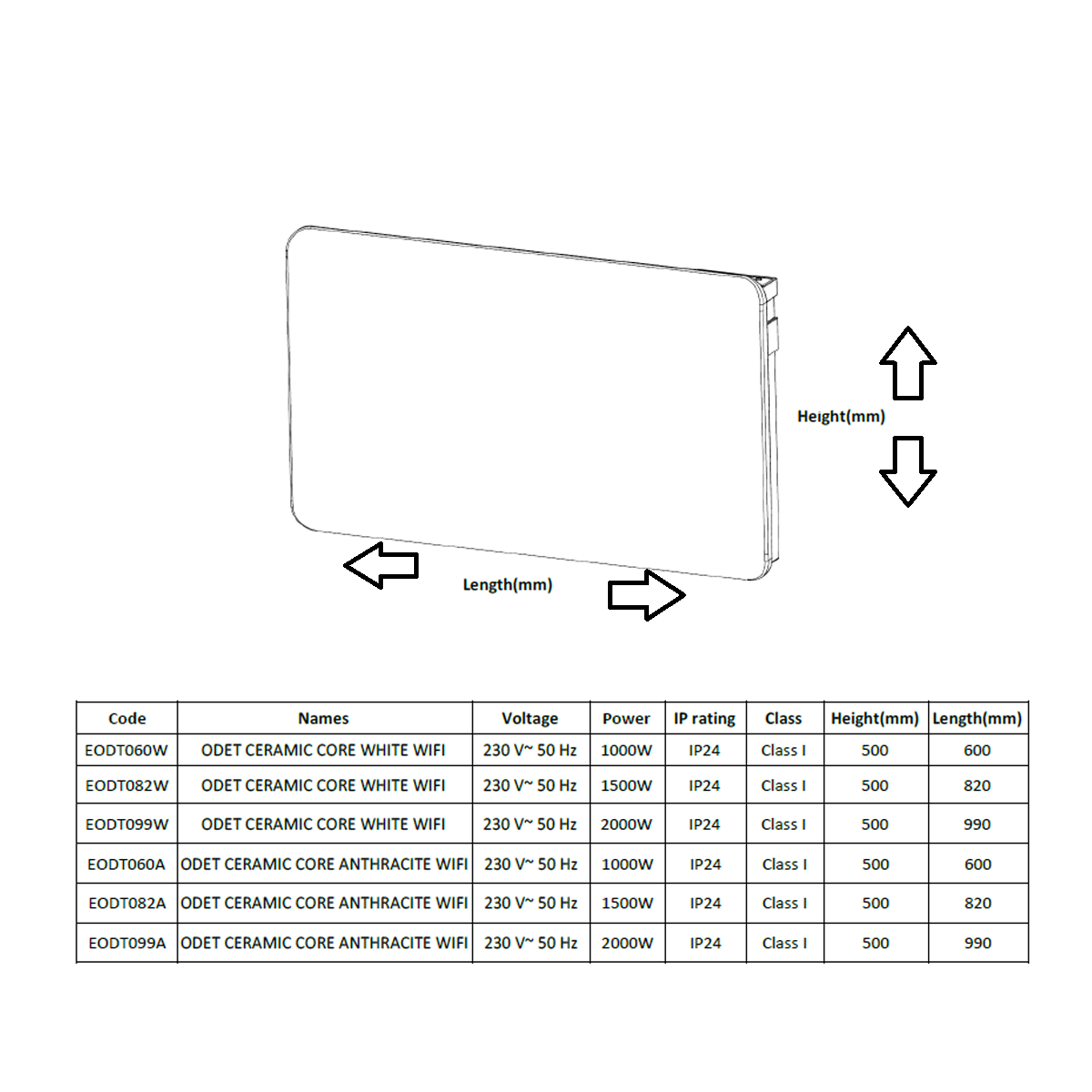 Reina Odet Horizontal Electric Ceramic Core WiFi Radiator (3 sizes, 2 colours) - Brand New Bathrooms