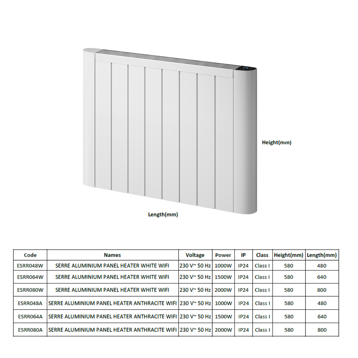 Reina Serre Electric Horizontal Aluminium Radiator (3 sizes, 2 colours) - Brand New Bathrooms