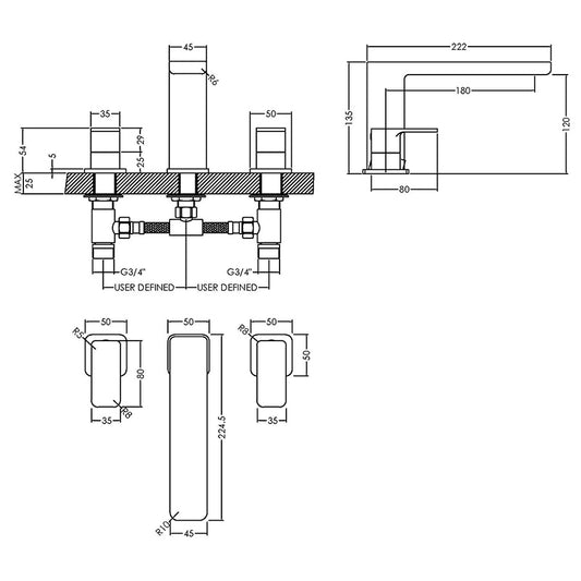 Nuie Windon Deck Mounted 3 Tap Hole Bath Filler (Chrome) - Brandnew Bathroom