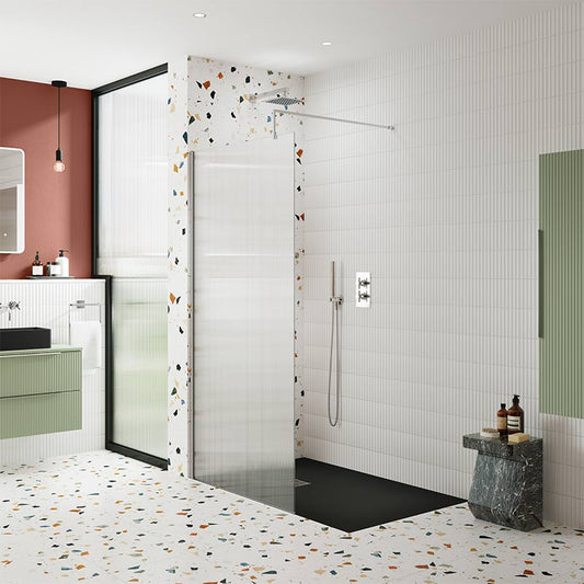 Nuie Fluted Wetroom Screen including Support Bar (1 size, 3 colours) - Brand New Bathrooms