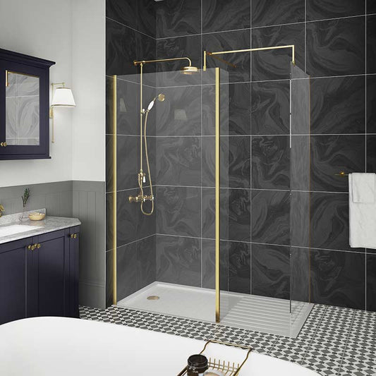 Nuie Wetroom Screen With Brass Support Bar (7 sizes, 2 colours) - Brandnew Bathroom