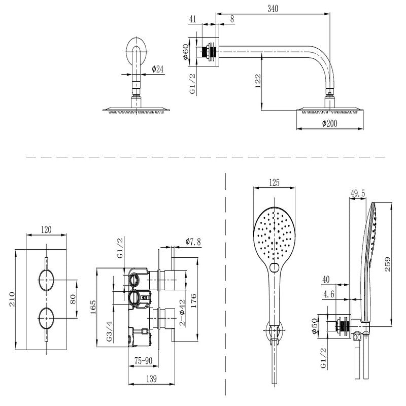 Tailored Bathrooms Concealed Thermostatic 2 Handle 2 Way Shower Kit with Stainless Steel Head (2 styles, 2 colours) - Brand New Bathrooms