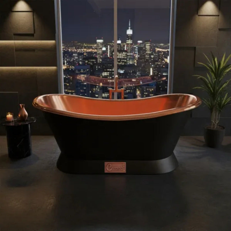 Coppersmith Creations Slanting Base Copper Bathtub with Black Base (1 size, Black Exterior) - Brand New Bathrooms