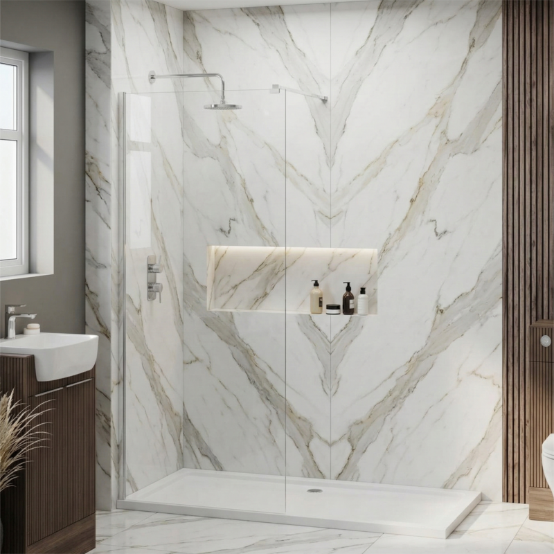 Brand New Bathrooms 10mm Chrome/Clear Wetroom Panel (8 sizes, Chrome) - Brand New Bathrooms