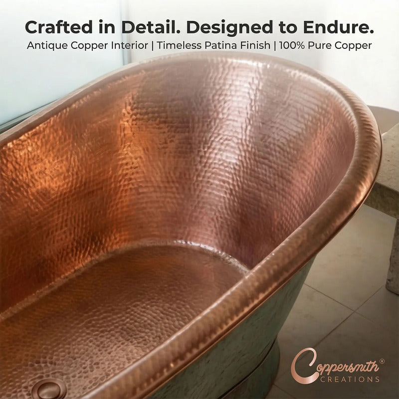 Coppersmith Creations Slanting Base Copper Bathtub (1 size, Hammered Antique Copper Interior & Patina Exterior ) - Brand New Bathrooms