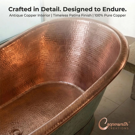 Coppersmith Creations Slanting Base Copper Bathtub (1 size, Hammered Antique Copper Interior & Patina Exterior ) - Brand New Bathrooms