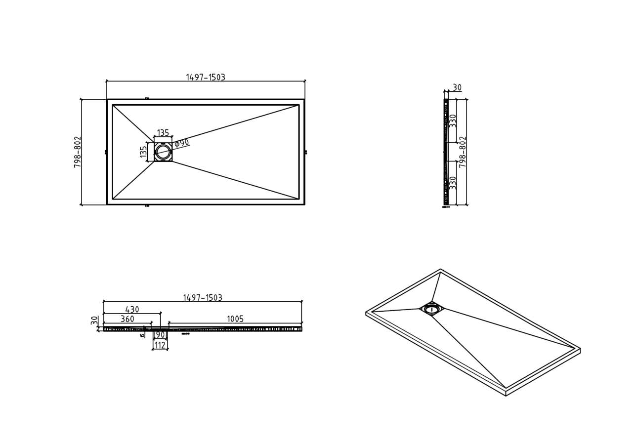 Brand New Bathrooms Polymer Anti-Slip Shower Tray (10 sizes, White)