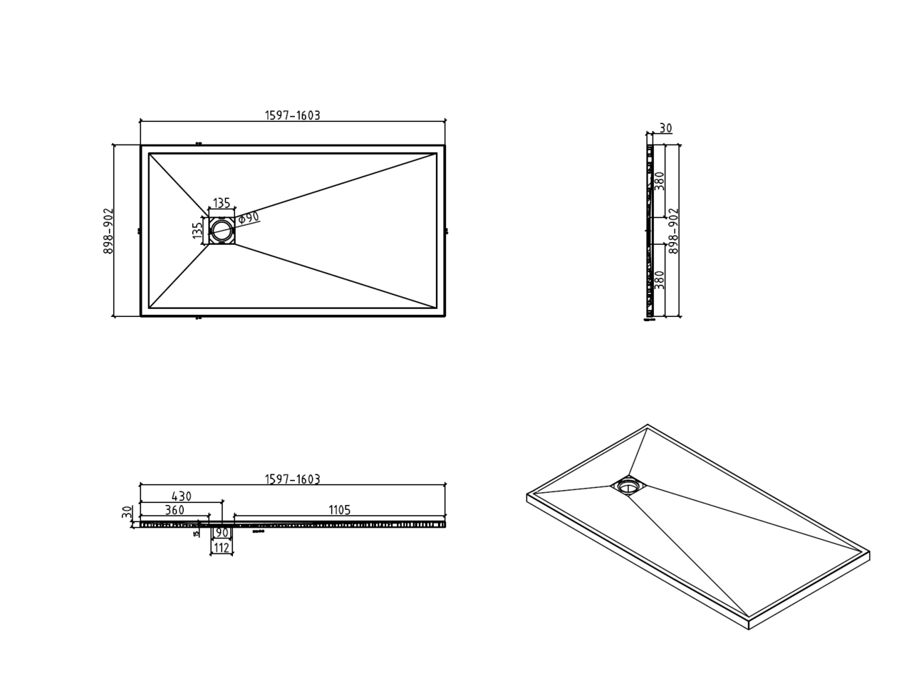 Brand New Bathrooms Polymer Anti-Slip Shower Tray (10 sizes, White)
