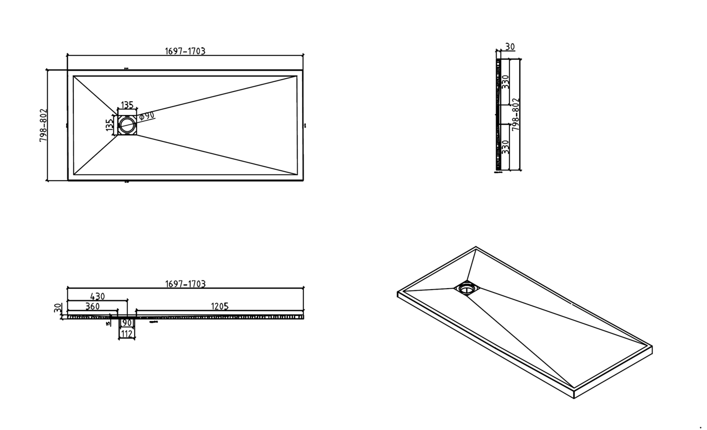 Brand New Bathrooms Polymer Anti-Slip Shower Tray (10 sizes, White)