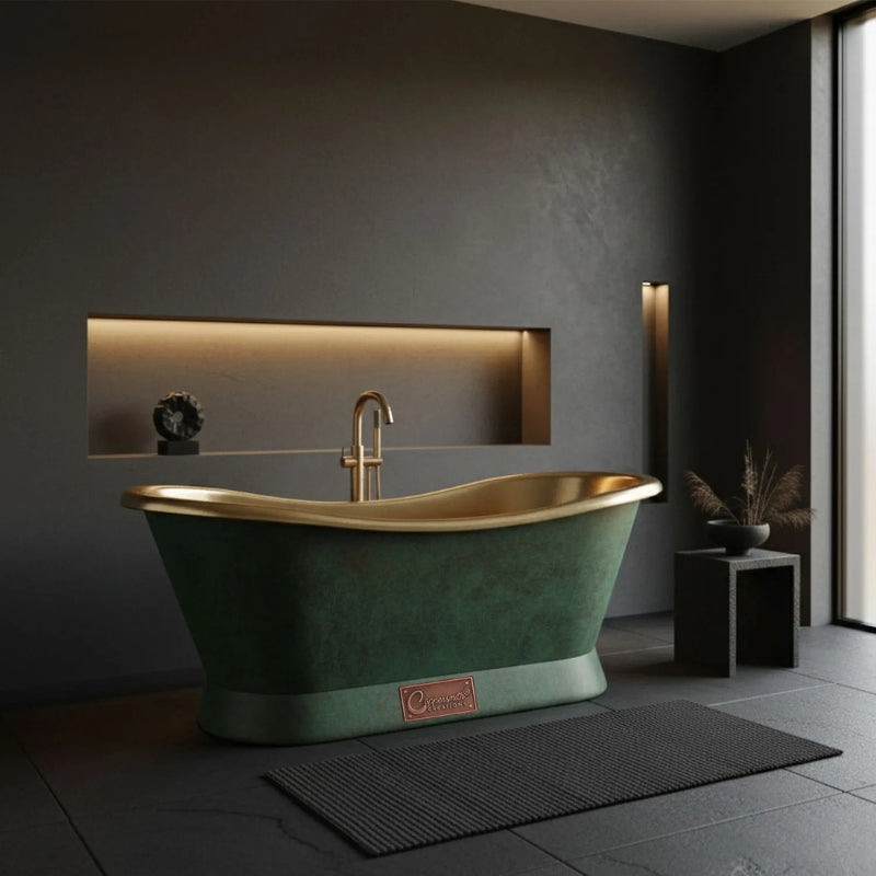 Coppersmith Creations Slanting Base Brass Bathtub (1 size, Polished Brass Interior, Patina Exterior) - Brand New Bathrooms